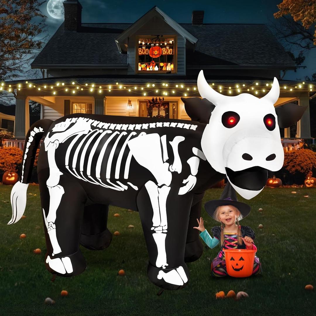 6FT Length Halloween Inflatable Cow Skeleton with Spooky Red Eyes Decoration, Halloween Blow Up Cow Skeleton Inflatables Built-in 4 White and 2 Red LEDs for Halloween Outdoor Yard Party Decor