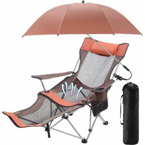 Yuntau Single Reclining Camping Chair with Removable Umbrella Folding Camp Chair for Outdoor(Orange)