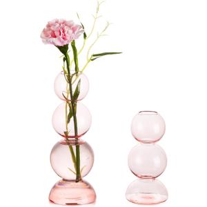 Glass Bubble Vases for Flowers, Hewory 2pcs Pink Unique Cute Single Flower Vase for Centerpieces, Funky Aesthetic Vase Skinny Bud Vase, Cool Groovy Decor for Home Living Room Bedroom Office Tabletop