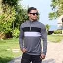 Mens Quarter Zip Polo Shirt Long Sleeve Color Block T Shirts for Men Lightweight Casual Striped Golf Polos (Medium, Grey)