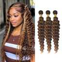 Highlight Brown Deep Wave P4/30 Human Hair Ombre Brown Deep Curly Bundles 8A Grade Brazilian Virgin Hair Two Tone Brown Mixed with Medium Auburn Hair Extensions 24 26 28 Inch