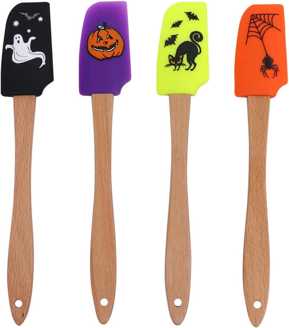 Hemoton 4pcs Halloween Wooden Handle Silicone Scraper Cream Spatula Baking Gadget Baking Supplies Kitchen Utensil for Home Bakery (Ghost + Black Cat + Pumpkin + Spider Pattern)