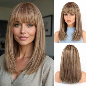Starluck 16 Inch Brown Mixed Blonde Human Hair Wig,Human Hair Wigs, Human Hair Wig With Bangs, Lady Wigs Human Hair, Real Hair Wigs For Women