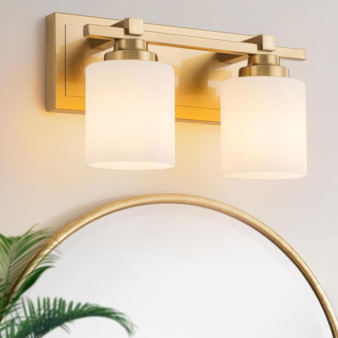2 Light Modern Bathroom Light Fixtures Over Mirror, Brass Finish Vanity Lights for Bathroom Wall Sconces with Milky White Glass Shades, E26 Socket (Bulbs Not Included)
