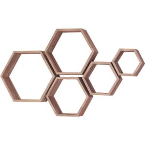 Hexagon Shelves for Wall,Hexagon Floating Shelf Set of 5,Honeycomb Shelves Octagon Hanging Cube Rustic Wood Wall Mounted for Living Room Bedroom Kitchen Bathroom Office Home DecorCarbonized Brown