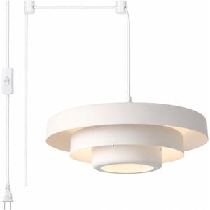 White Plug in Pendant Light, Plug in Chandelier Mid Century Modern Pendant Lamp, 3-Tier Matte Metal Hanging Light Fixture with Long Cord & On/Off Switch, Swag Lamp for Dining Room Bedroom Living Room, 17.7 inches