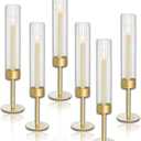 Glass Hurricane Candle Holders Set of 6,Brass Candlestick Holders,Taper Candlestick Holders,Elegant Dining Table Centerpiece for Wedding, Christmas & Home Decor-Ribbed
