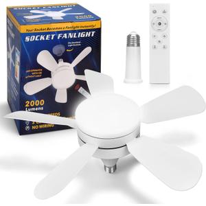 2000 Lumen Socket Ceiling Fan Light with Remote, E26 Socket, 3 Speed Noiseless Dimmable Fan, Adjustable CCT, 2/4H Timer, for Kitchen Bathroom Garage Bedroom, White