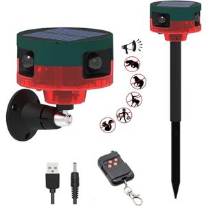HULPPRE Solar Outdoor Motion Sensor Alarm-Dog Barking&Gunshot Sound,130db Loud Noise Maker,Support Recording,13 Kinds of Sound Strobe Light with USB,Say Goodbye to The Intruders