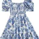 Floerns Women's Floral Puff Short Sleeve A Line Dress Ruffle Hem Boho Dresses (Blue and White)