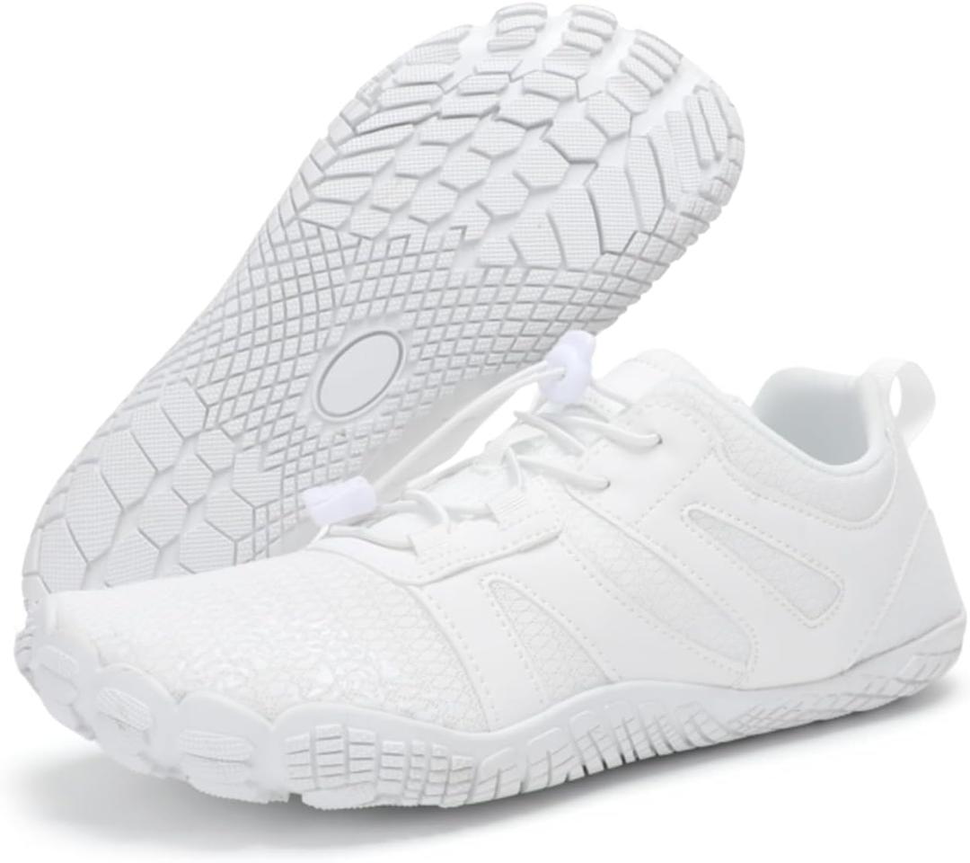 Barefoot Shoes Men Women Minimalist Wide Toe Box Zero Drop Lightweight Cross Training Shoes Trail Running Hiking Sneakers (8.5 Women/7.5 Men, White)