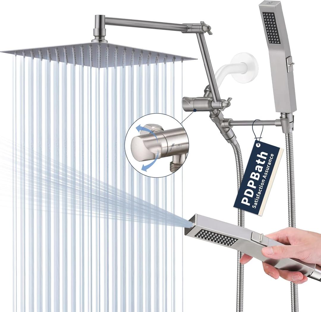 PDPBath All Metal Rain Shower Head with Handheld Spray Combo, 10'' Rainfall Shower Head with 16'' Adjustable Arc-shaped Extension Arm, with Adjustable Brass Bracket and 79" Shower Hose, Brushed Nickel