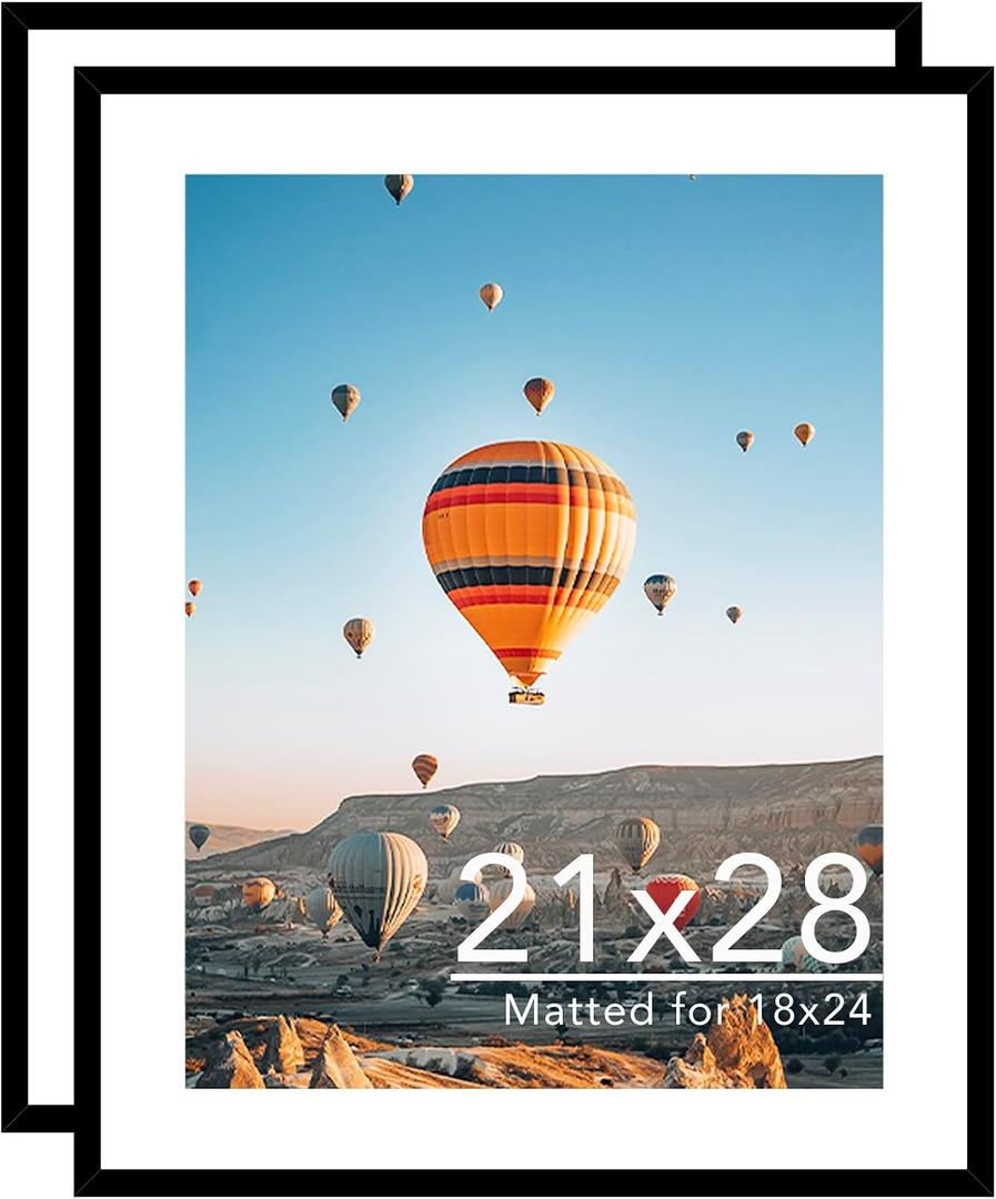JCJMY 21x28 Picture Frame with 18x24 Mat Set of 2, Display Photo 18x24 with Mat or 21 x 28 Without Mat, Wall Hanging Large 21 by 28 Poster Frame with Plexiglass, 2 Pack, Black