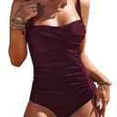 Ekouaer Women's One Piece Swimsuit Ruched Tummy Control Bathing Suits Vintage Retro Push Up Swimwear (Red)