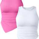 OQQ Women's 2 Piece Tank Tops Ruched Crew Neck Sleeveless Basic Stretch Tee Shirts Crop Camis Rose White, X-Large
