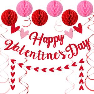 VioraWhite 17 Pcs Happy Valentine's Day Decorations Red Pink Glitter Heart Valentine Banner Sign Valentine Hanging Swirls Honeycomb Balls for Galentines Party Wedding Anniversary Hanging Decoration