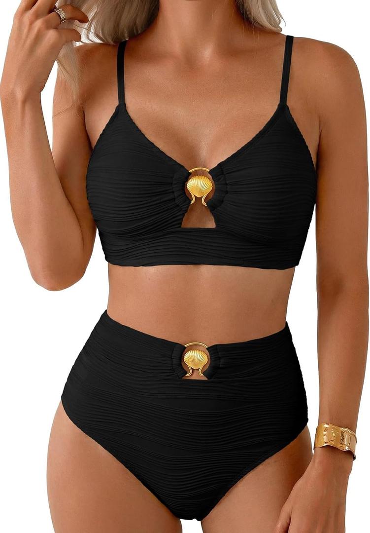 Herseas Womens 2 Piece Bikini Sets High Waisted Metal Ring Textured Swimsuit 2026 Summer Bathing Suits Beach Swimwear (Small, Black)
