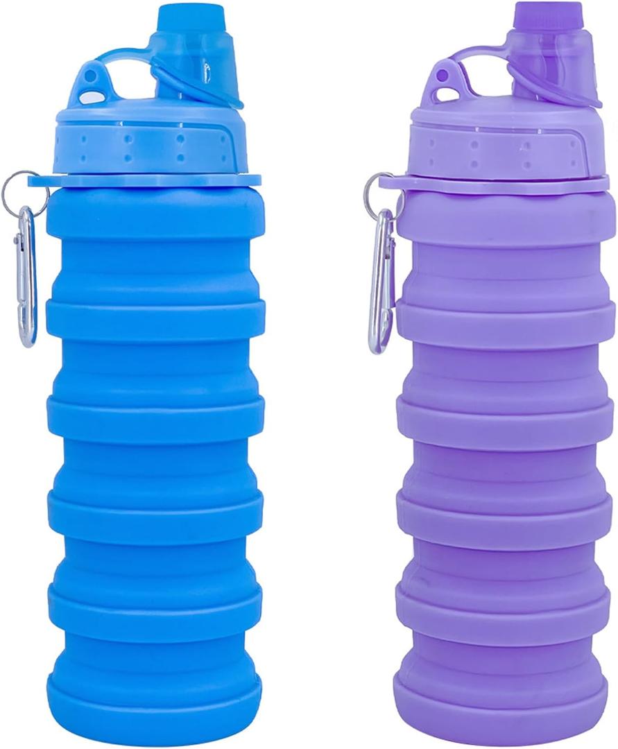 Collapsible Water Bottles Travel water bottle Sports Portable Sport Water Bottle Reusable Water Bottles comes with mountaineering Buckle 500ml silicone Water-proof camping water bottle (Blue+Purple)
