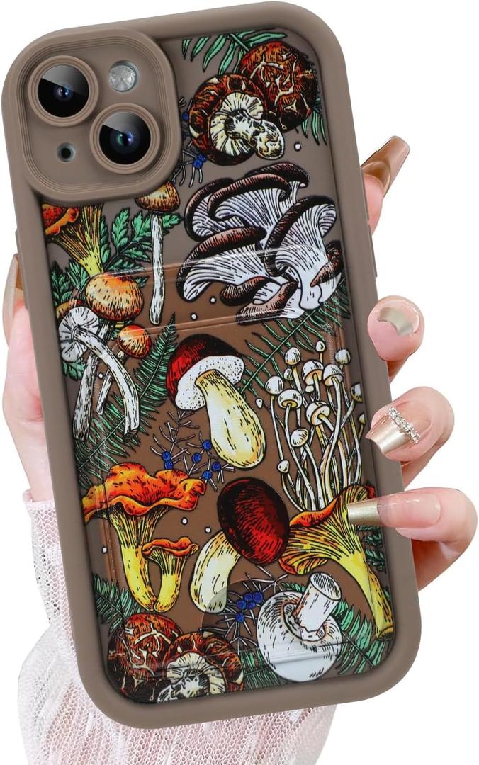 KANGHAR Case for iPhone 15 Plus Card Slot Phone Case, Cute Mushroom Design with Card Holder for Women Girls Slim Shockproof Wallet Cover-Brown