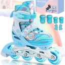 Sportneer 4 Size Adjustable Inline Skates for Girls, Kids Inline Skates Size 12C-9 with Light Up Wheels Roller Blade with Protective Gear Set for Kids Girls Women Beginners Indoor & Outdoor Use L