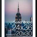 Frame Amo 24x36 Black Solid Wood Picture Frame with 19.5x29.5 White Mat Opening for 20x30 Image, 1 Inch Border, Acrylic Face