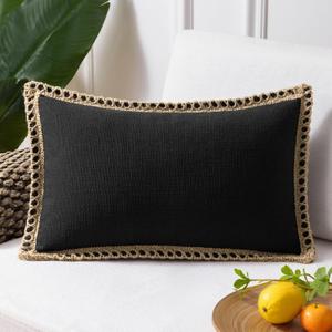 Phantoscope Farmhouse Solid Throw Decorative Pillow Cover Burlap Linen Trimmed Tailored Edges Outdoor Pillow Black 1 Pack 12 x 20 inches, 30 x 50 cm (20" x 12" (Pack of 1))