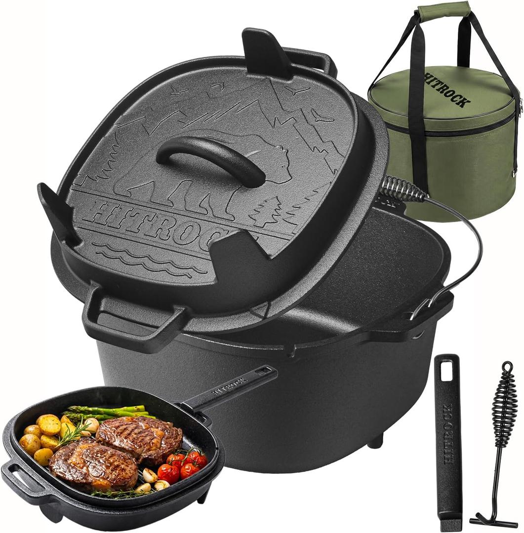 HITROCK Cast Iron Camp Dutch Oven with Legs 9QT, Pre-Seasoned Camping Dutch Oven with Lid, Outdoor Pot with Lid Lifter, Storage Bag & Handle for Camping, Baking, Grilling, Rounded-square Shape
