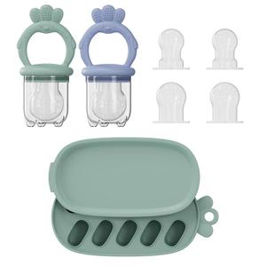 2 Pcs Baby Food Fruit Feeder with Freezer Tray Breastmilk Popsicle Molds Silicone Fruit Feeder for Self Feeding Teething Relief (Blue,Green)
