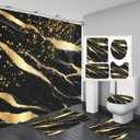 4Pcs Black Marble Shower Curtain Set, Gold Bathroom Sets Modern Abstract Shower Curtain Non-Slip Rug,Toilet Lid Cover,U Shape Mat,Waterproof Bathroom Decor Sets with 12 Hooks