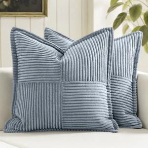 MIULEE Decorative Throw Pillow Covers for Couch Bed Livingroom 18x18 Inch Set of 2 Dustyblue Boho Accent Throw Pllows Broadside Striped Patchwork Soft Corduroy Pillowcases