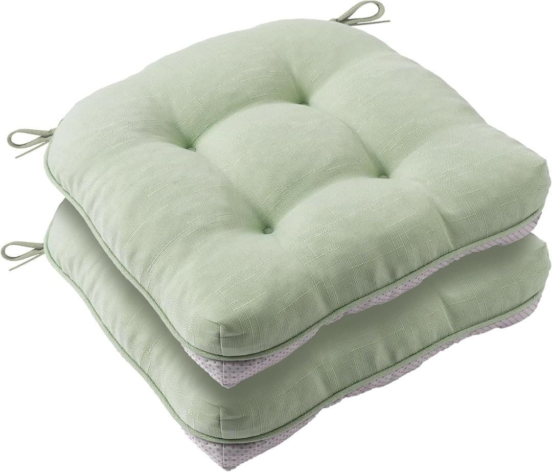 Battilo Chair Cushions Set of 2 for Dining Chairs, Seat Cushions for Kitchen Chairs with Non-Slip Backing, Indoor/Outdoor Waterproof Chair Seat Pads with Ties, 15.5"x15.5"x4", Sage Green