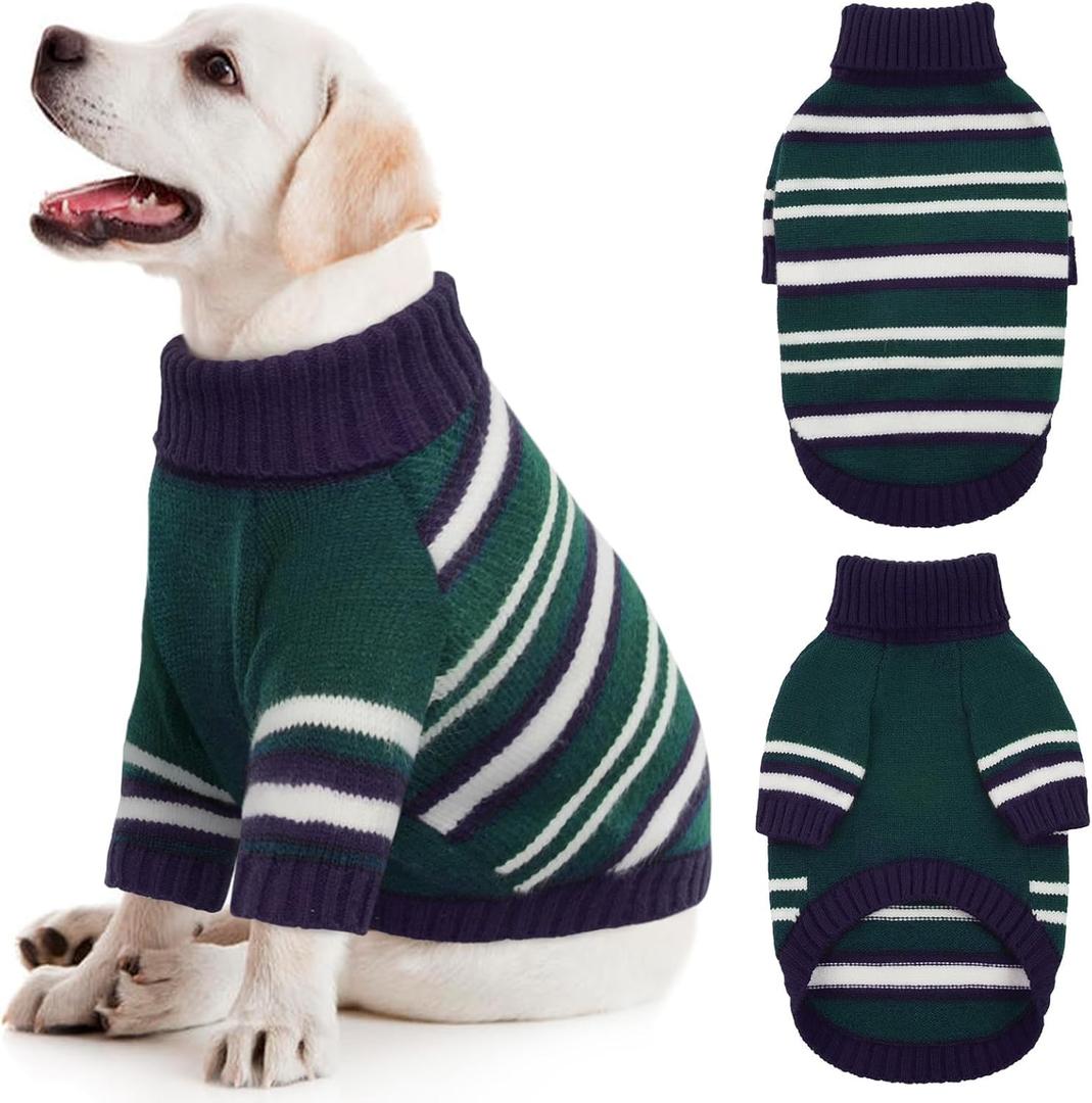 Kuoser Dog Sweater, Warm Dog Sweaters for Medium Dogs, Turtleneck Thick Medium Dog Sweater Christmas Outfit, Pet Winter Clothes Doggie Knitwear Girl Boy for Holiday Thanksgiving, Green & Navy Strips M (Medium (Chest: 17.32"))