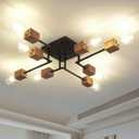 8-Light Modern Black and Wood Sputnik Chandelier Retro Matte Ceiling Light Fixture Boho Ceiling lamp for Kitchen Dining Room Living Room Bedroom Farmhouse