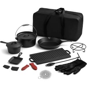 Geetery 15 Pcs Pre-seasoned Cast Iron Cookware Set, Dutch Oven Camping Accessories Kit with Skillet, Pan, Pot, Gloves, Lid Lifter, Storage Bag, Scrubber for Kitchen Ourdoor Campfire Grill BBQ Cookware