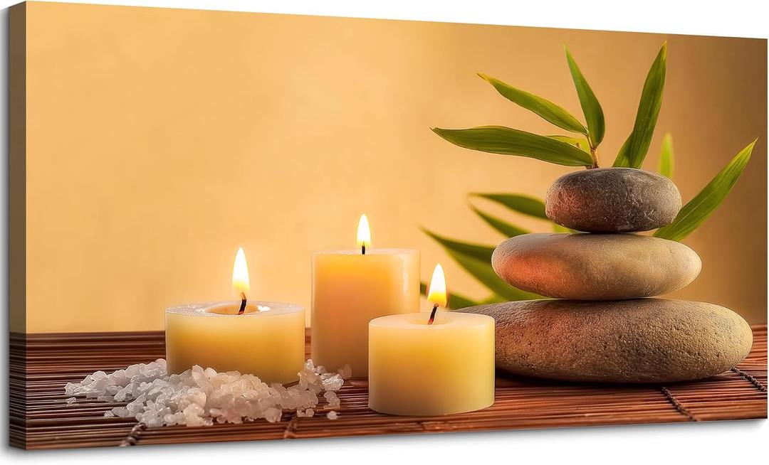 SLYCAY Large Zen Stone Canvas Wall Art Prints, Burning Candles Relaxing Meditation Yellow Painting Women Spa Picture Yoga Room Wall Decor Bathroom Office Living Room Artwork 20"X40"
