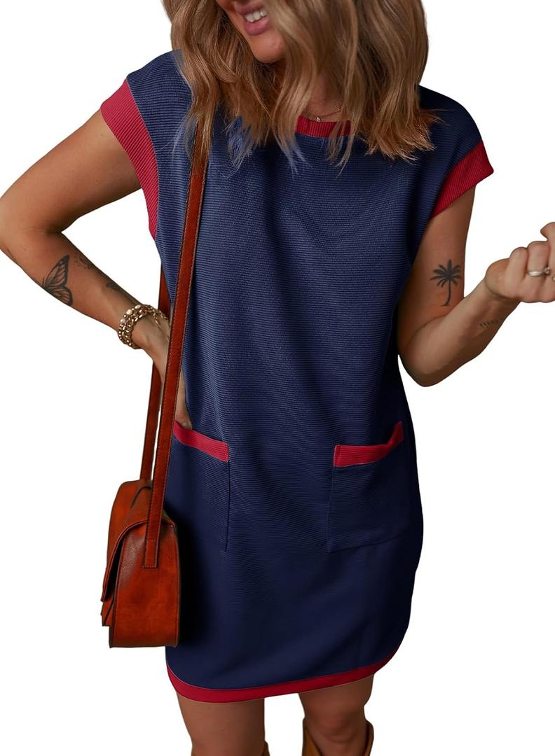 Dokotoo Women's 2026 Casual Spring Summer Dresses Fashion Cap Sleeve Color Block Crewneck Shift Tshirt Mini Dress (Blue, XL)