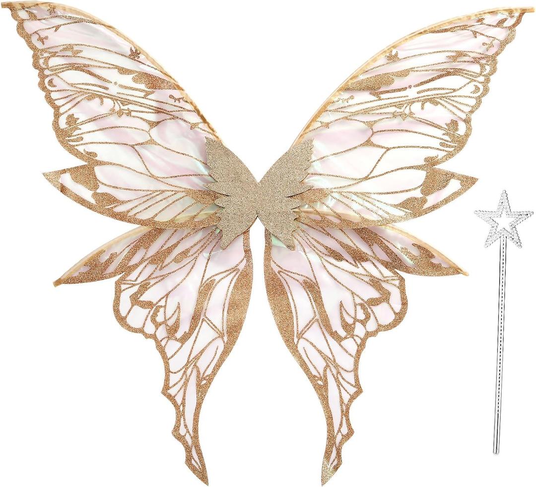 Fairy Wings for Adults Women 31.5"x29.5" Fairy Costume Set Large Butterfly Wings for Halloween Party (Gold)