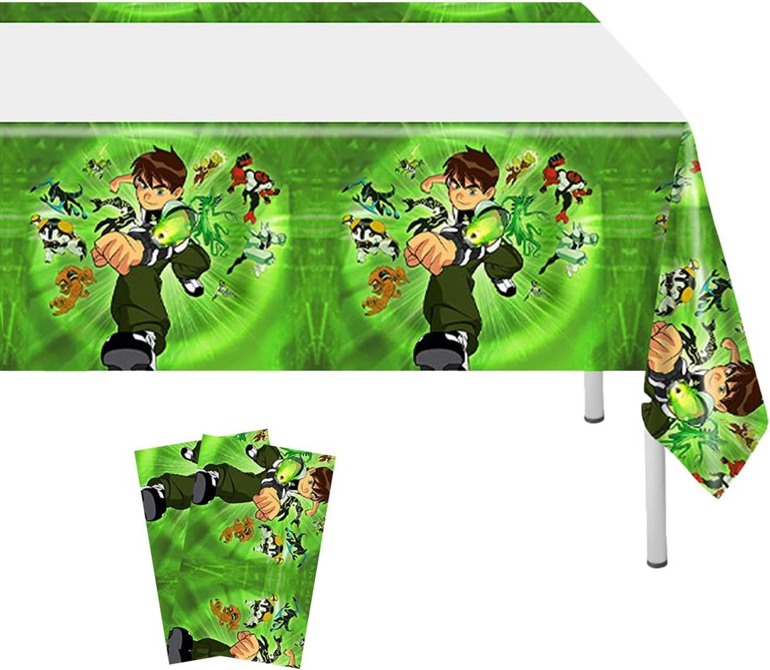 2Pcs Ben-10 Tablecloth Disposable Tablecover Birthday Party Supplies and Decorations for Kid Boy Baby Shower Rectangle Tables 70"X42",plates and napkins
