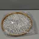 Round Rattan Tray with Mother of Pearl Inlay, Decorative Wicker Serving Tray with Wooden Base, Woven Basket Trays for Bread Fruits Coffee, Light Blue