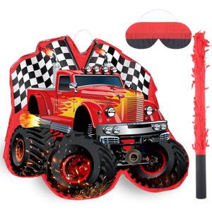Red Truck Piata of Monster Small Piata Race Car with Blindfold and Stick for Kids Boys 14.1 x 12.6 x 3.2 Inch Birthday Truck Party Supplies Construction Themed Party Games Decorations