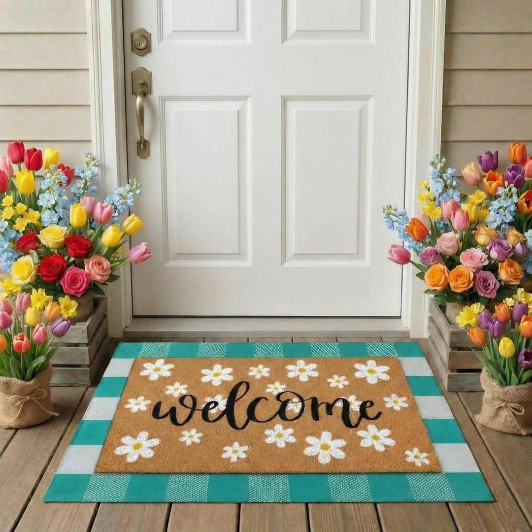 Drydiet 2 Pcs Spring Layered Coir Doormat Set Daisy Welcome Front Door Mat with Teal Plaid Outdoor Rug Non Slip Porch Entryway Rug for Indoor Outdoor Farmhouse Decor