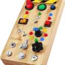 TenFans Montessori Busy Board with 8 LED Light Modes - Sensory Toys for 3-5 Year Olds & Airplane Travel, Wooden Activity Board Develops Fine Motor Skills