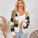 ECOWISH Women's Cropped Cardigan Sweaters 2025 Fall Striped Color Block Long Sleeve Button Up Knit Sweater Y2k Coats (Large, Army Green)