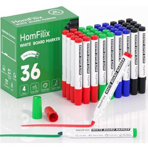 White Board Markers Dry Erase 36 Pack Bulk, 2 mm Fine Bullet Tip, Low-Odor Plant-Based Ink, 4 Colors for Classroom, Office & Home Use | Premium Dry Erase Marker Set
