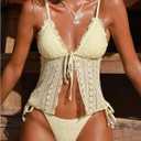 SOLY HUX Women's Lace Tankini Swimsuits Frill Tie Side Two Piece Bathing Suit Beachwear (Yellow, M)