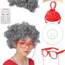 100 Days of School Costume for Girls Old Lady Costume for Kids Grandma Wig Glasses Chain Necklace Bracelet Grandma Dress up Cosplay Accessories Set(Red)