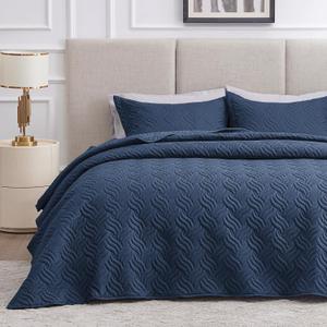 Love's cabin Quilts for Queen Bed Navy Blue Bedspreads - Soft Bed Summer Lightweight Bedspread Comforter - Modern Style Wave Pattern Coverlet for All Season - 3 Pieces (1 Quilt, 2 Pillow Shams)