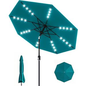 GarveeLife 9 ft Patio Umbrella with Solar Lights, Outdoor Table Umbrella with 32 LED Lights & Tilt Crank, 8 Ribs Market Table Umbrella for Pool, Deck, Backyard, Turquoise Blue