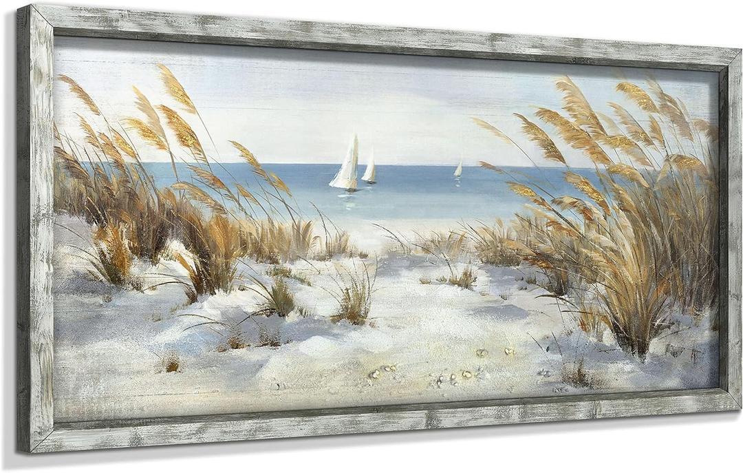 Coastal Framed Wooden Wall Art: Beach Oil Painting Style Seaside Pictures Seascape Art Prints Sand Dunes & Sailboat Artwork for Bathroom 24"x12"
