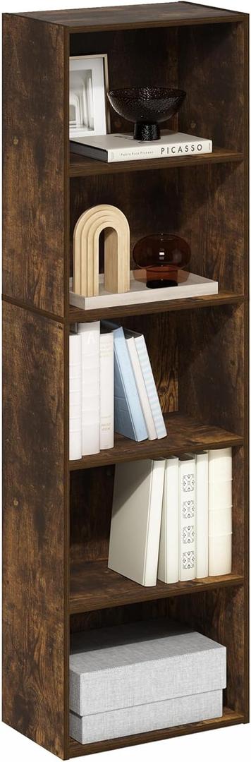 Furinno LUDER Book Shelf, 5-Tier Bookshelf, Bookcase, 9.4" x 15.8" x 52", for Living Room, Bedroom, Home Office, Amber Pine